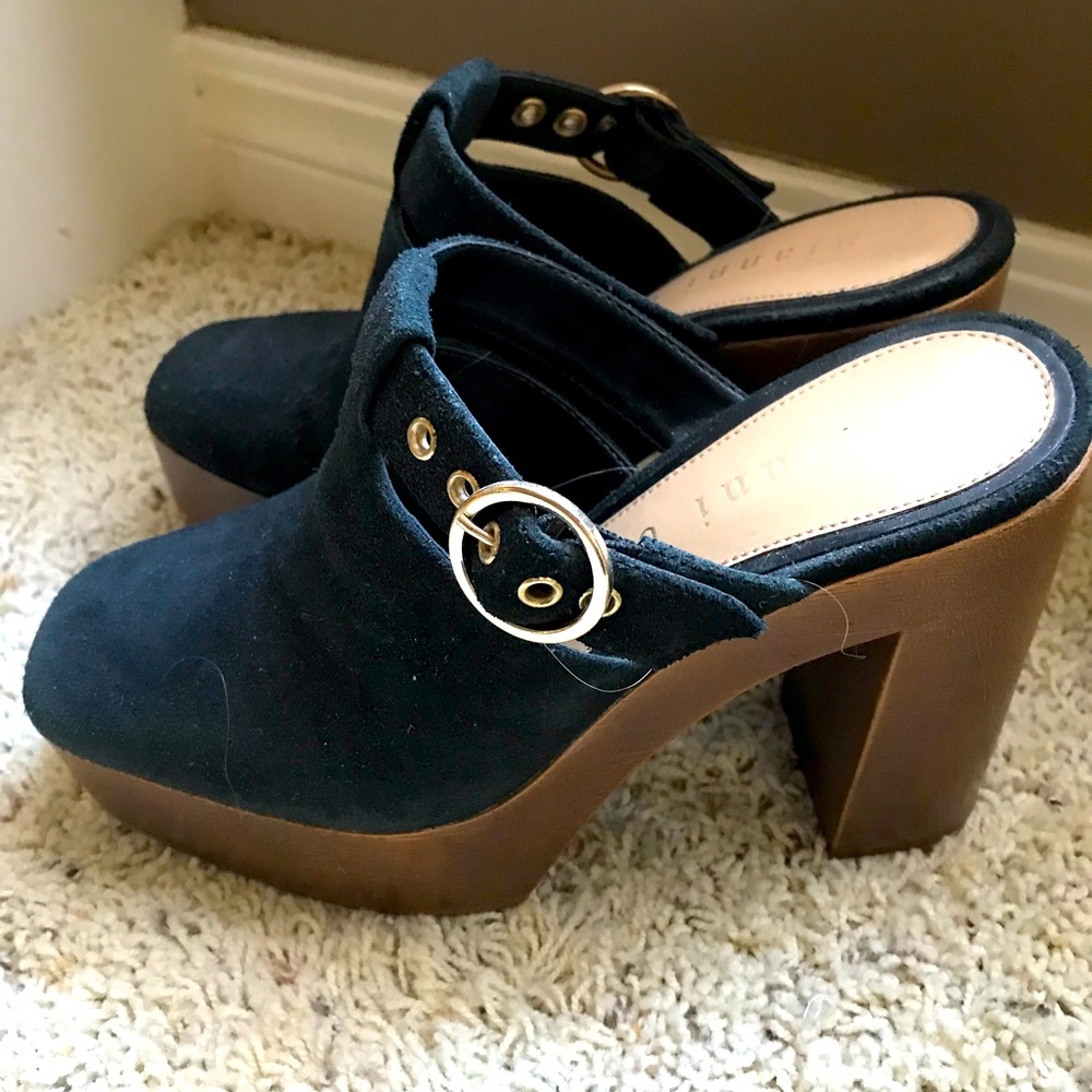 Gianni Bini clog. Black suede with decorative buckle.